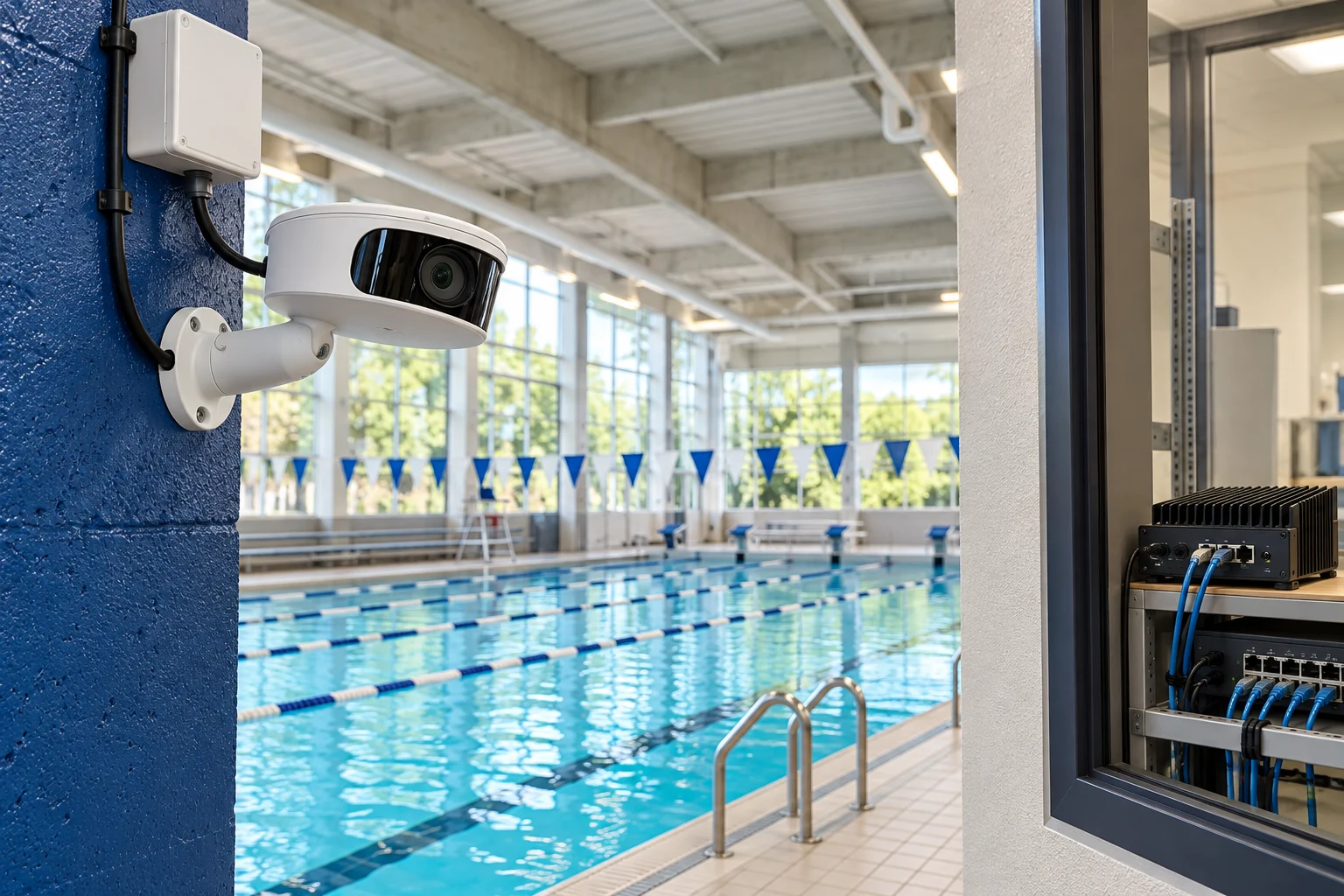 Camera and edge computer connected at an indoor pool